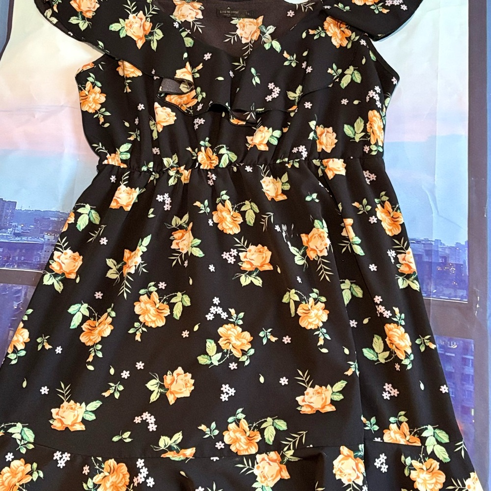 SHEIN Black Dress with Orange Floral Design